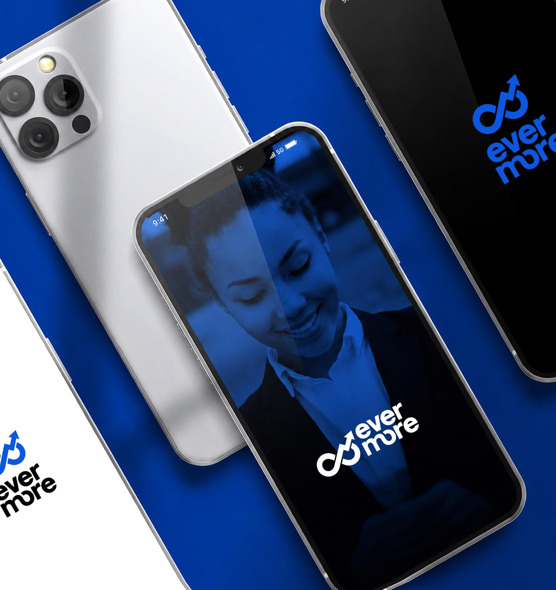 Evermore app shown on three smartphones